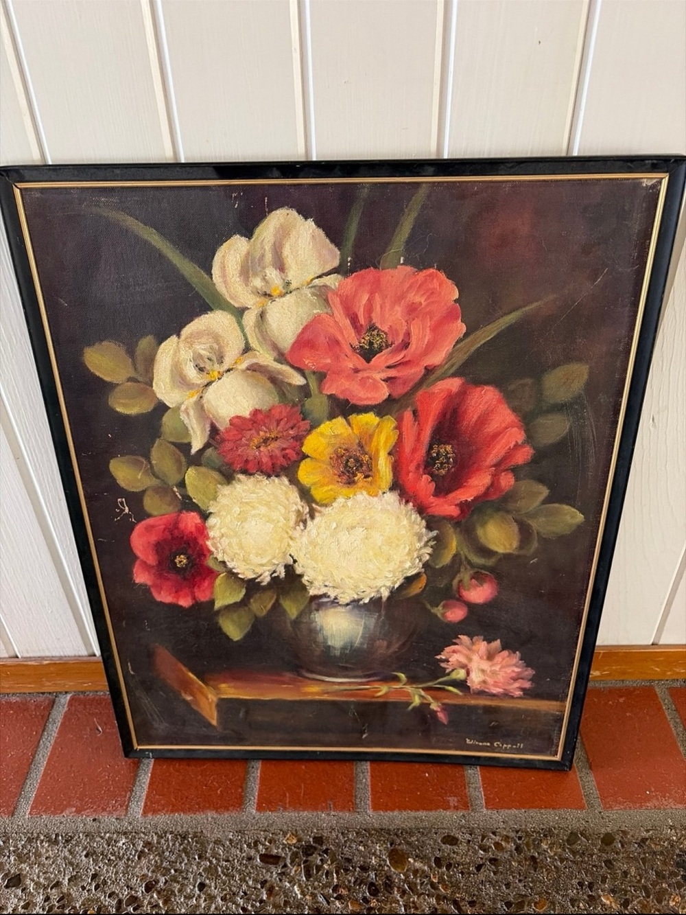 Vintage Floral Oil Painting in Black Frame - Red, White & Yellow Bouquet - Picture 2 of 6